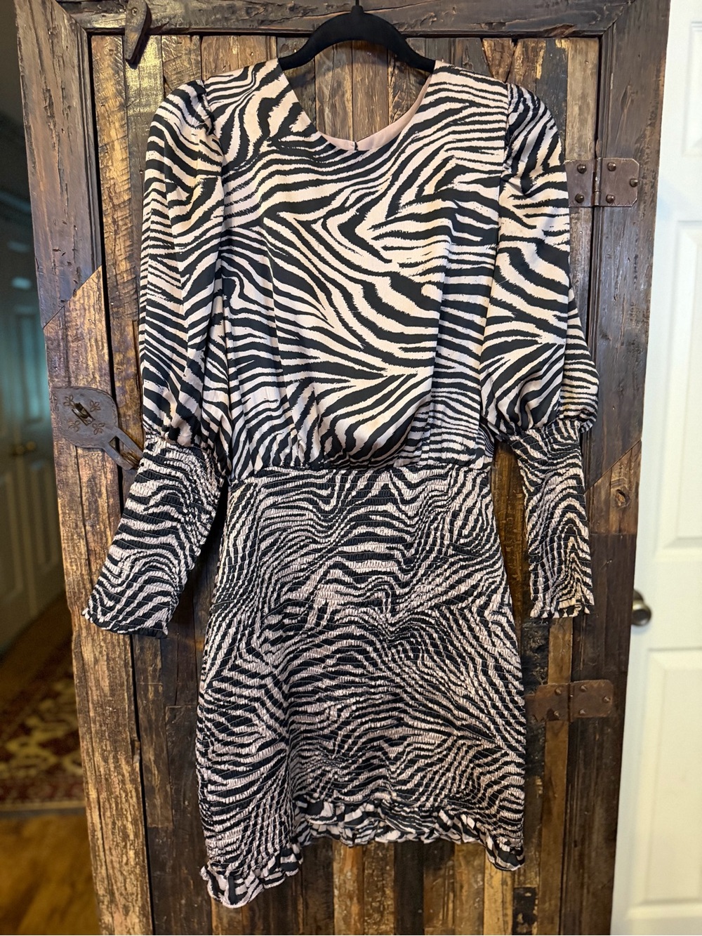 BuddyLove Zebra Print Smocked Mini Dress M Puff Sleeve Ruffle Party date night